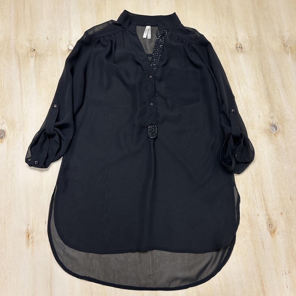 Y2K Truth Blouse Womens Small Black Sheer Beaded V Neck 3/4 Roll Tab Tunic Top
